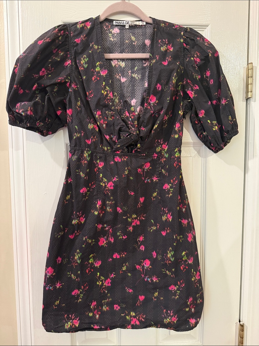 Pam & Gela Floral Puff Sleeve Tie Front Mini Dress Size Small